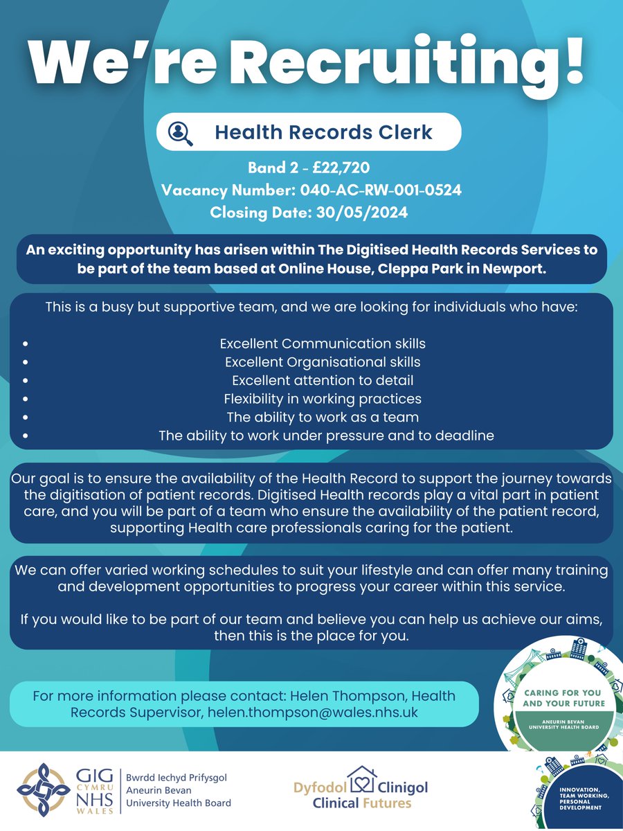 An exciting opportunity has arisen within The Digitised Health Records Services to be part of the team based at Online House, Cleppa Park in Newport. For more information or to apply please click the following link: healthjobsuk.com/job/UK/Newport…