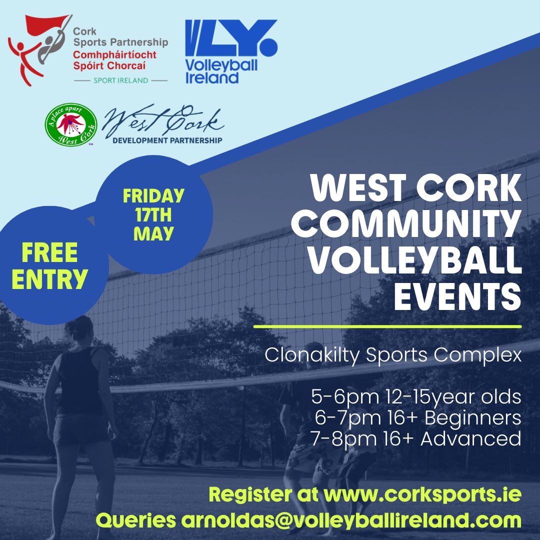📣🤩 West Cork Volleyball Event Series Launched 🏐

Delighted to launch a new West Cork volleyball engagement schedule of events starting this May 🎉

📆 Fri, 17th May
📍 Clonakilty Sports Complex
⏰ 5-8pm
🎟️ Register now for FREE

📍 6 West Cork Towns

ℹ️ corksports.ie/latest-news/we…