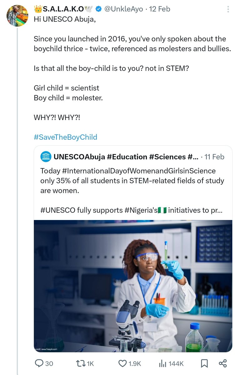 UnkleAyo's tweet photo. Good morning @UNESCO @unesco_abuja 

4 months ago, these interactions happened and you repelled my claims. 

Alright, today is International Day of the boychild.

Not one tweet from you. Zero activites lined up.

What has the boychild done to you?

Your neglect of the boychild will come at a price.

The girls/women you're SOLELY catering for will not thrive in a society of broken men.