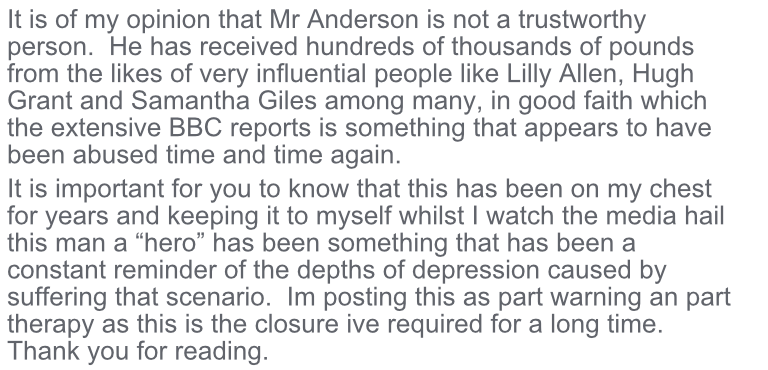 Ok lets try this again... After the @BBCNews released their expose on Mr Anderson and Depher, Id like to share with you my full account of my horrendous ordeal. On my last post @sammeegiles asked for the link to the BBC expose which is here: bbc.co.uk/programmes/m00…