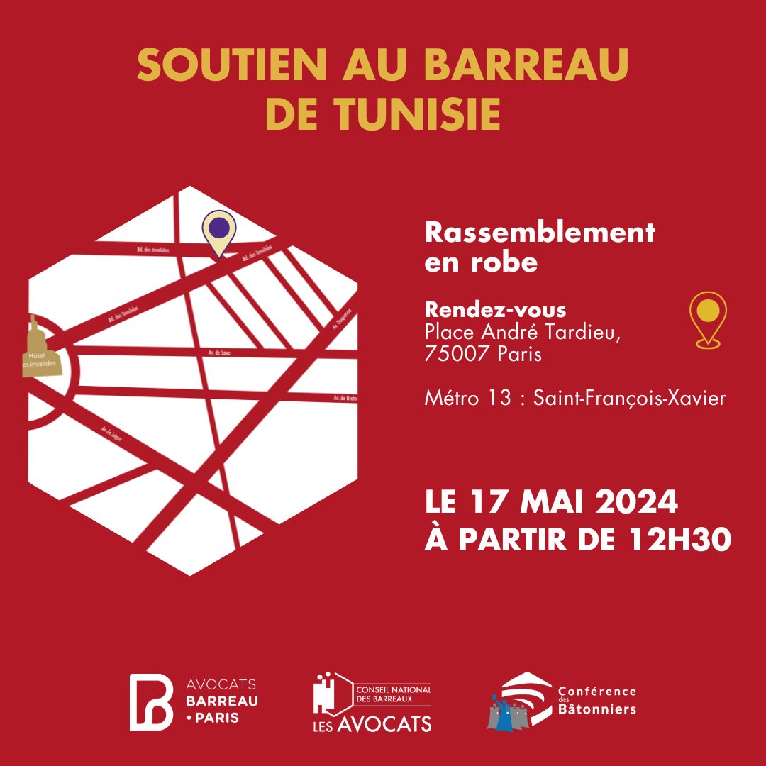 [AVOCATS EN DANGER 🌍] Le CNB sera présent à la #manifestation organisée ce vendredi, devant l'ambassade de Tunisie, à Paris, en soutien au barreau de #Tunisie suite aux arrestations de Sonia Dahmani et Mahdi Zagrouba. #Avocats, #journalistes, défenseurs des droits de l'Homme,