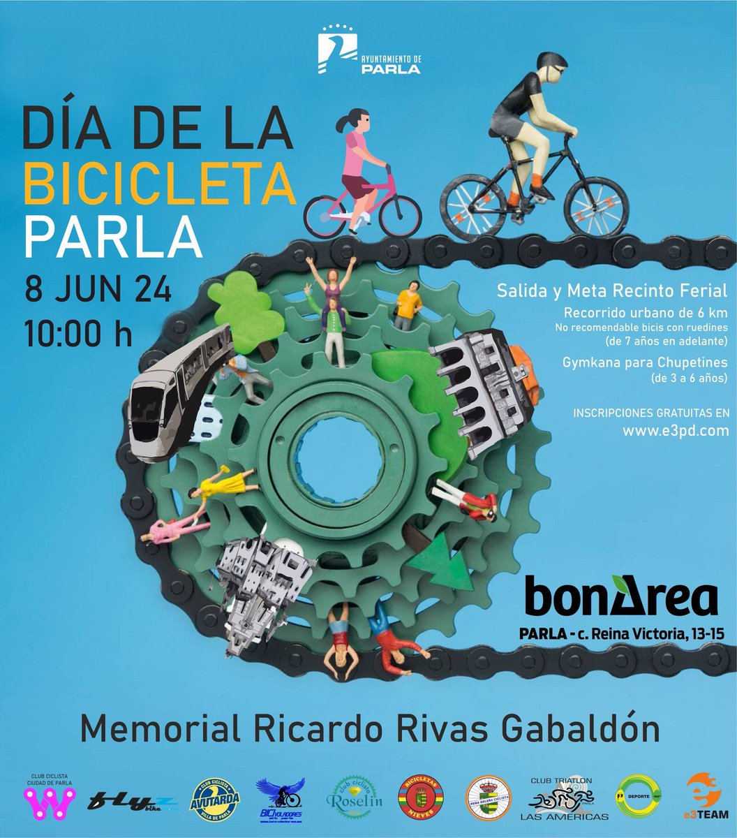 Apunta🚴‍♀️8 #junio #DíaBicicletaParla🥳6 kms desde 7 años con yincana para menores 3 a 6 años💻 Inscripción #gratis👇 avaibooksports.com/inscripcion/4a… ℹ️ Una propuesta de Ayto #Parla @CasaDeporte_en memoria de Ricardo Rivas, vecino y deportista peña ciclista Solera fallecido pasado febrero