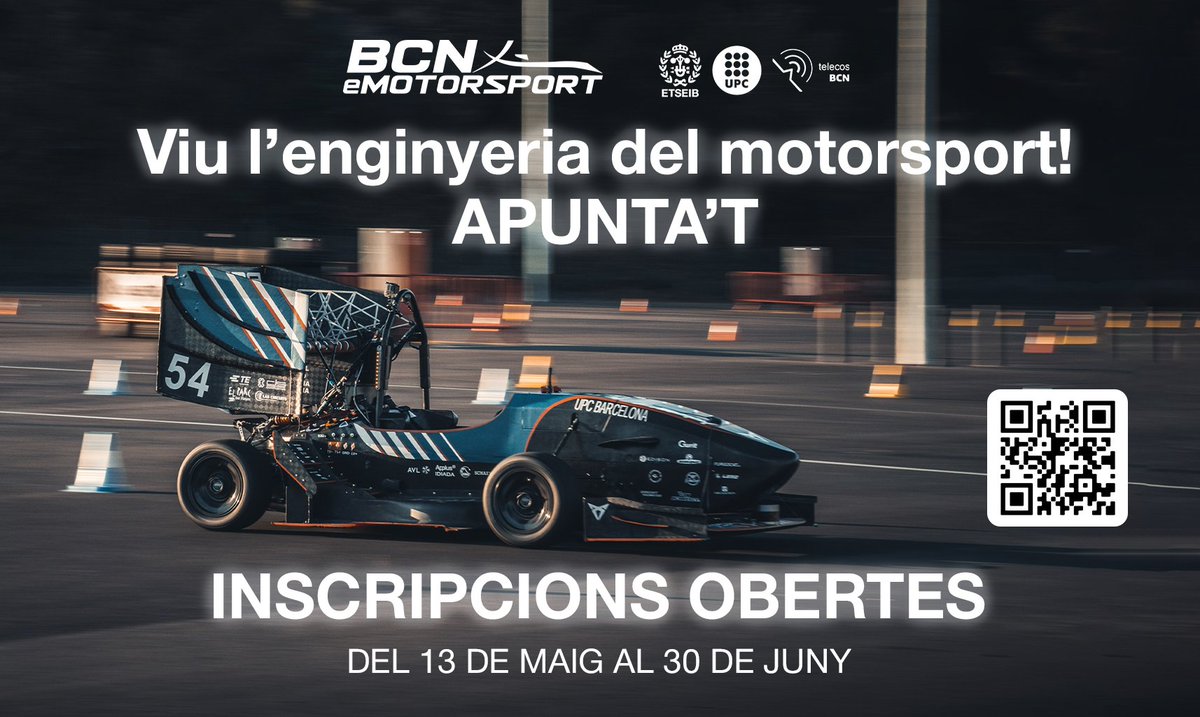 🆕 Captació de nous membres per @bcnemotorsport. 🗓️ Del 13 de maig al 30 de juny de 2024. 👉 Si ets un estudiant apassionat de l'#enginyeria i l'#automoció, no t'ho pensis més i aplica! etseib.upc.edu/ca/estudis/not…