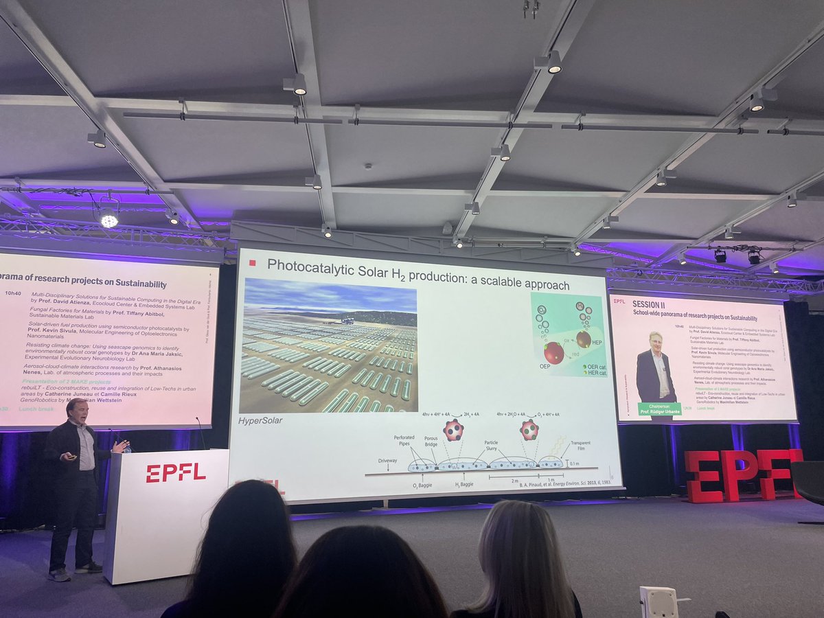 @SISeneviratne @ETH_en @IPCC_CH @EPFLdurable @epflcdm @E4S_Center @scnatCH @David__Atienza @EPFLEngineering @epflecocloud @Materials_EPFL From @epflSB, Prof. Kevin Sivula shows how his lab is working with organic semiconductors to address the untamed dream of photocatalytic water splitting for solar-driven fuel production. 
#EPFLsustainabilitysymposium
@EPFLdurable