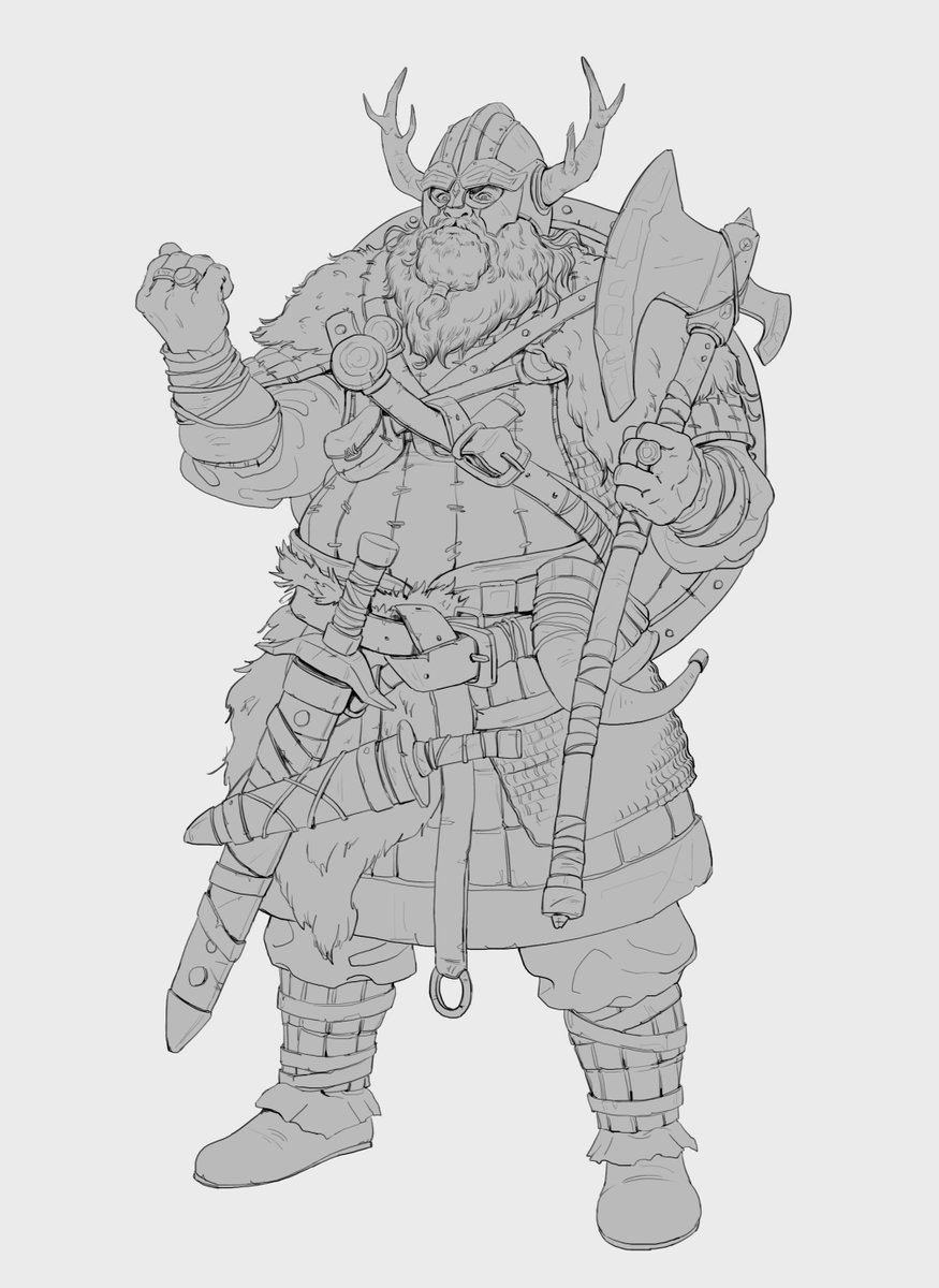 I am jealous of people who can be active on social media and still focus on their work🙃
Here's a sketch of a Viking character. I plan to add some flat colors but won't fully render it, as I'm not very satisfied with it.
#characterdesign #conceptart #conceptartist #videogame