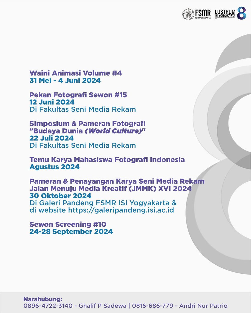 [Lustrum Ke-8 ISI Yogyakarta] 

FSMR ISI Yogyakarta @fsmr.isiyogyakarta mempersembahkan 'Pameran dan Penayangan Karya Seni Media Rekam' dengan tema Imajinasi Daya Kreatif dan Inovasi Seni untuk Kemajuan Bangsa✨

Are You Ready ❗❗