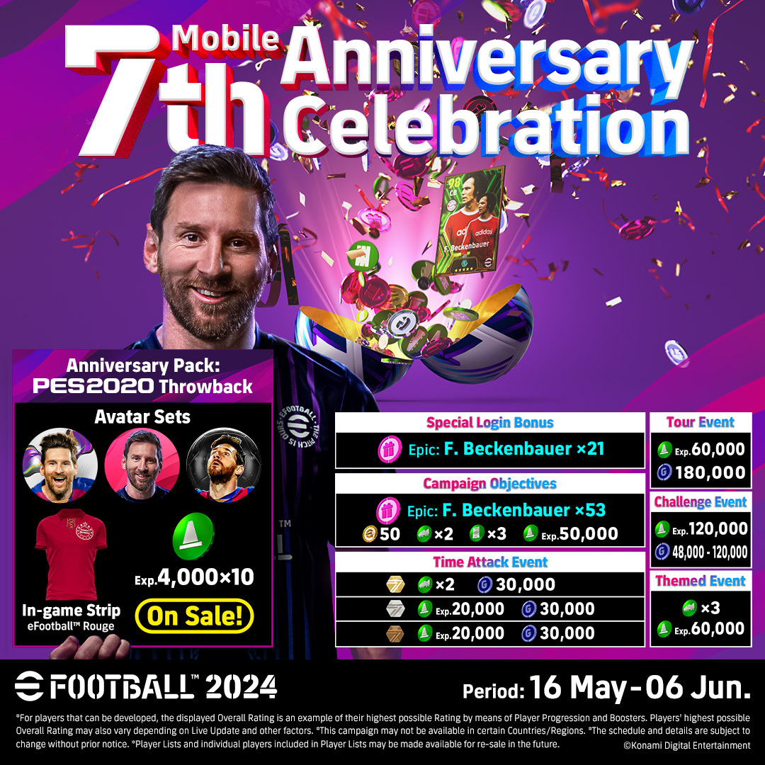 A new campaign celebrating 7️⃣ years of Mobile is live in #eFootball now! 📱 There's some seriously good rewards up for grabs through to 6th June - see what you can get below when logging in and taking part in the events! 👇