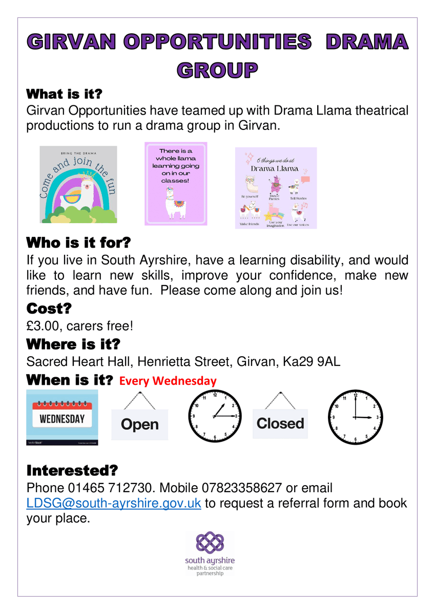 Girvan Opportunities have teamed up with Drama Llama theatrical productions to run a drama group in Girvan. If you live in South Ayrshire, have a learning disability, and would like to learn new skills, improve your confidence, make new friends, and have fun join us!