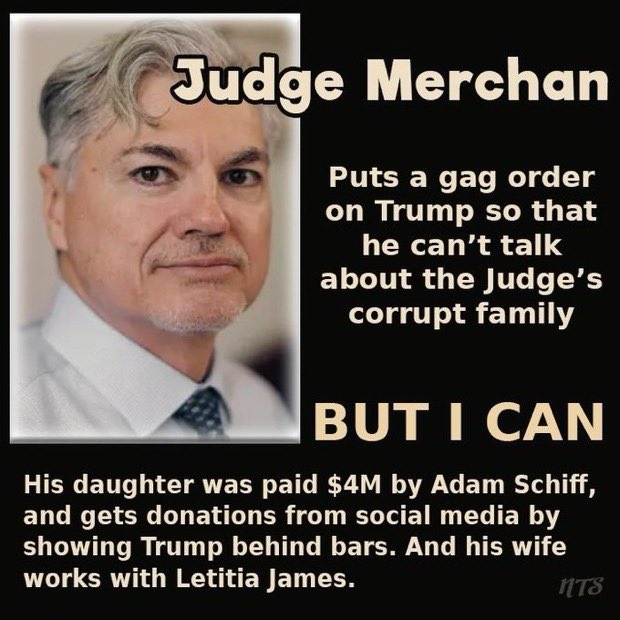 Donald Trump can't share this because of his gag order. But MAGA can...

Here is proof of Judge Merchandise corrupt family. His daughter was paid $4 million dollars by Adam Schiff. Gets donations from social media by showing Trump behind bars.... In the judge's wife works for