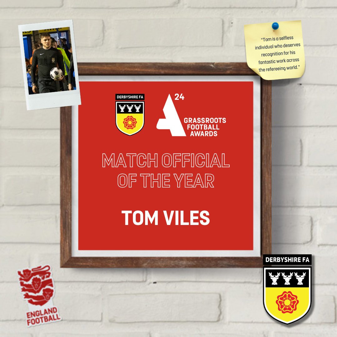 MATCH OFFICIAL OF THE YEAR - Tom Viles 🏆 A member of the @ErewashValleyRS Committee & Youth Engagement Group, as well as Derbyshire FA's Referee Development Academy, Tom is involved in various programmes in order to make a positive difference to fellow referees. #GRFA24