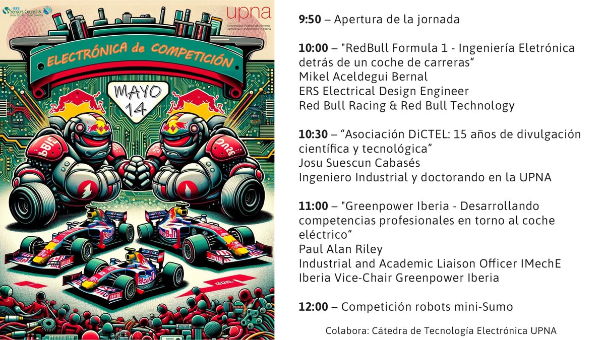 UPNAtv (@upna_tv) on Twitter photo 📽️ Vídeos de la jornada sobre Electrónica de competición, con:
Mikel Aceldegui <a href="/redbull/">Red Bull</a>
Josu Suescun <a href="/DictelDivulgaci/">DictelDivulgacion</a>
Paul Alan Riley <a href="/GreenPowerIB/">Greenpower Iberia</a>
Competición de robots mini-sumo
Vídeos, aquí:
upnatv.unavarra.es
Organiza: @Unavarra <a href="/ieeespain/">IEEE Spain</a> <a href="/etsiiit/">UPNA-ETSIIIT</a> 📽️ Vídeos de la jornada sobre Electrónica de competición, con:
Mikel Aceldegui <a href="/redbull/">Red Bull</a>
Josu Suescun <a href="/DictelDivulgaci/">DictelDivulgacion</a>
Paul Alan Riley <a href="/GreenPowerIB/">Greenpower Iberia</a>
Competición de robots mini-sumo
Vídeos, aquí:
upnatv.unavarra.es
Organiza: @Unavarra <a href="/ieeespain/">IEEE Spain</a> <a href="/etsiiit/">UPNA-ETSIIIT</a>