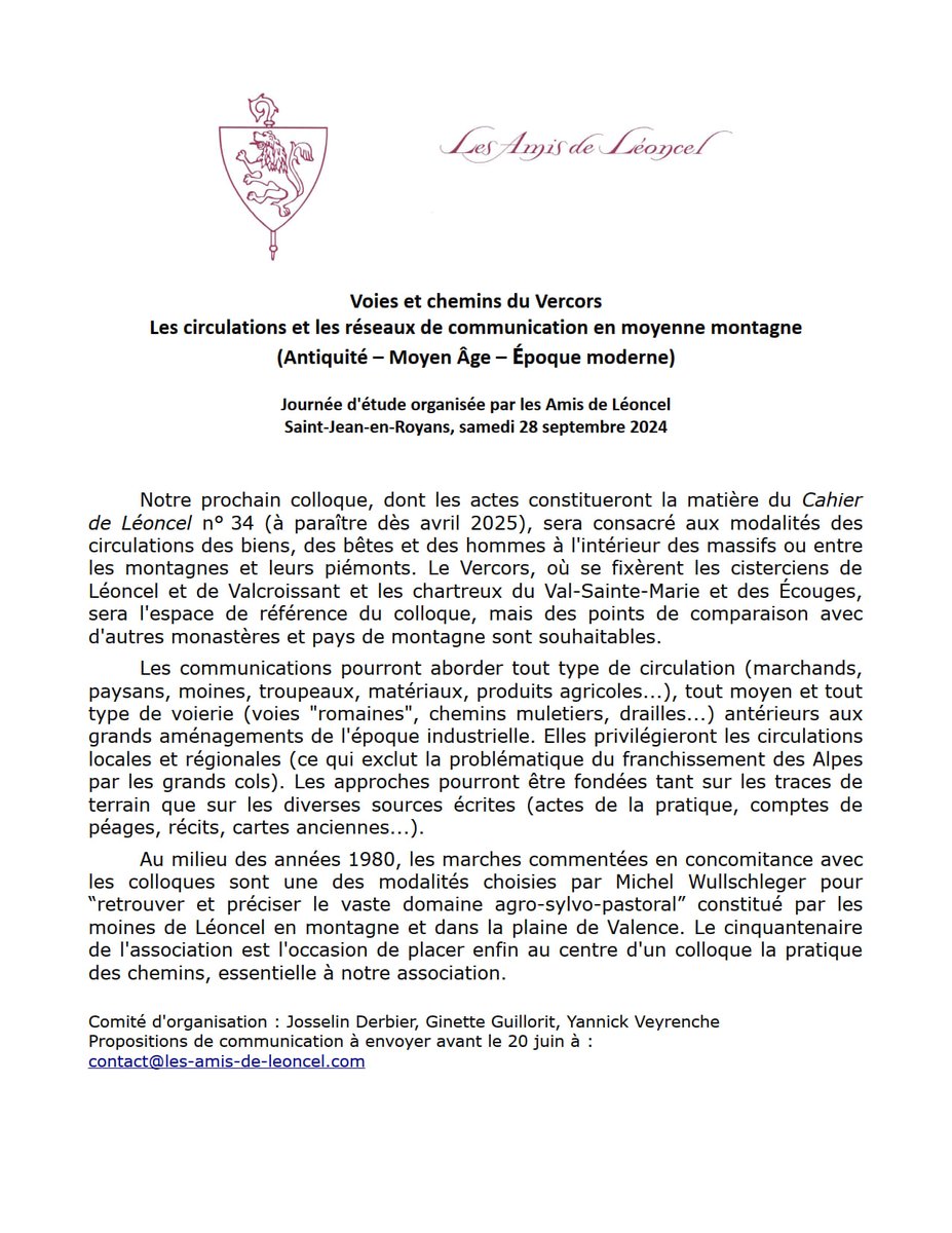 [annonce  relayée] - AAC - Journée d'étude des Amis de Léoncel : "Voies et  chemins du Vercors : circulations et réseaux de communication (Antiquité  – Moyen Âge – Époque moderne)", Saint-Jean-en-Royans, 28 septembre 2024
