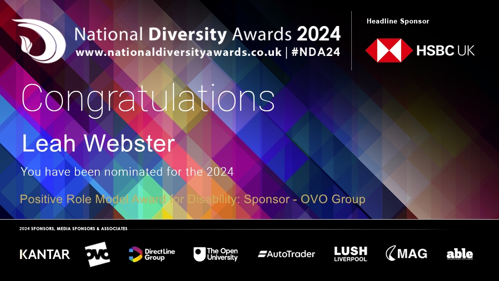 National Diversity Awards (@ndawards) on Twitter photo Congratulations to Leah Webster <a href="/leahw030484/">Leah Elizabeth Webster</a> who has been nominated for the Positive Role Model Award for Disability at The National Diversity Awards 2024. To vote please visit nationaldiversityawards.co.uk/awards-2024/no… #NDA24 #Nominate #VotingNowOpen Congratulations to Leah Webster <a href="/leahw030484/">Leah Elizabeth Webster</a> who has been nominated for the Positive Role Model Award for Disability at The National Diversity Awards 2024. To vote please visit nationaldiversityawards.co.uk/awards-2024/no… #NDA24 #Nominate #VotingNowOpen