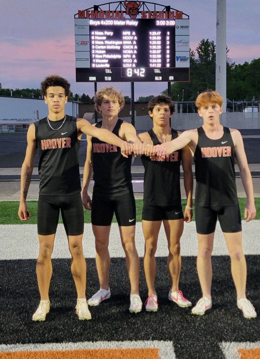 SCHOOL RECORD ALERT!!!! 4x200 of Isaiah Barker, Grant Walker, JR Linn, and Will Kostur broke the Hoover school record on their way to qualifying to the district final