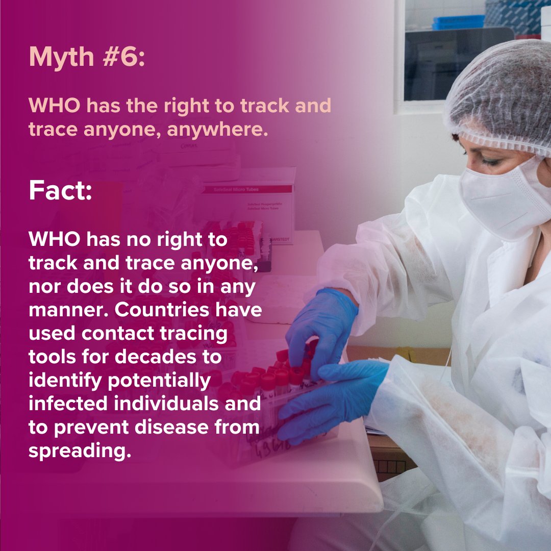 📢#PandemicAccord - Debunking the myths.
🔴 Myth: WHO has the right to track and trace anyone anywhere.

❌ This is false.

✅ Fact: WHO has no right to track and trace anyone, nor does it do so in any manner.