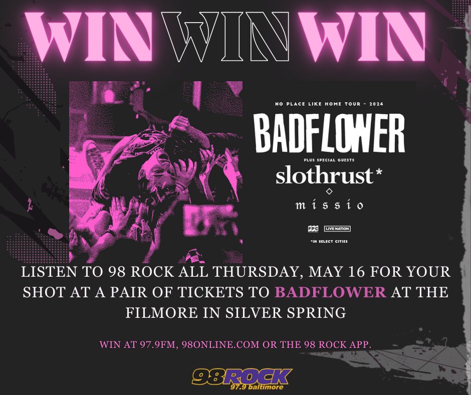 Baltimore, get ready to rock with Badflower! To snag your spot at the gig, crank up 98 Rock ALL DAY TODAY, Thursday, May 16. Tune in at 97.9FM, 98online.com, or fire up the 98 Rock app.