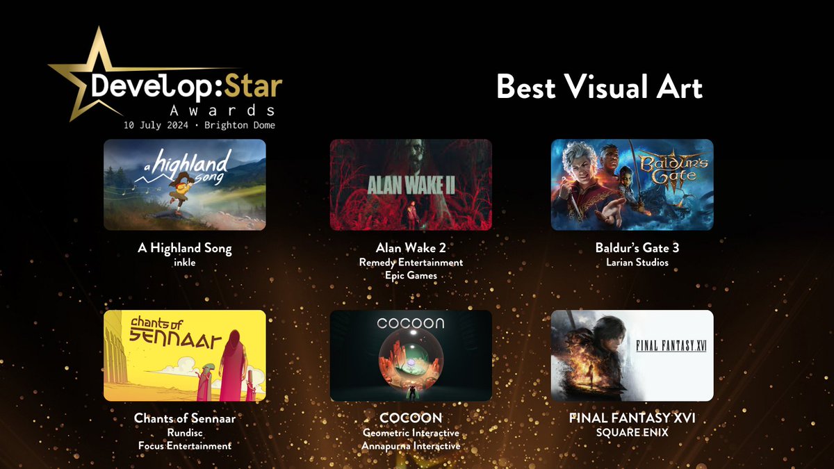The Develop:Star Awards 2024 Best Visual Art finalists are...

⭐ A Highland Song
⭐ Alan Wake 2
⭐ Baldur's Gate 3
⭐ Chants of Sennaar
⭐ COCOON
⭐ FINAL FANTASY XVI

#DevelopStars #DevelopConf
