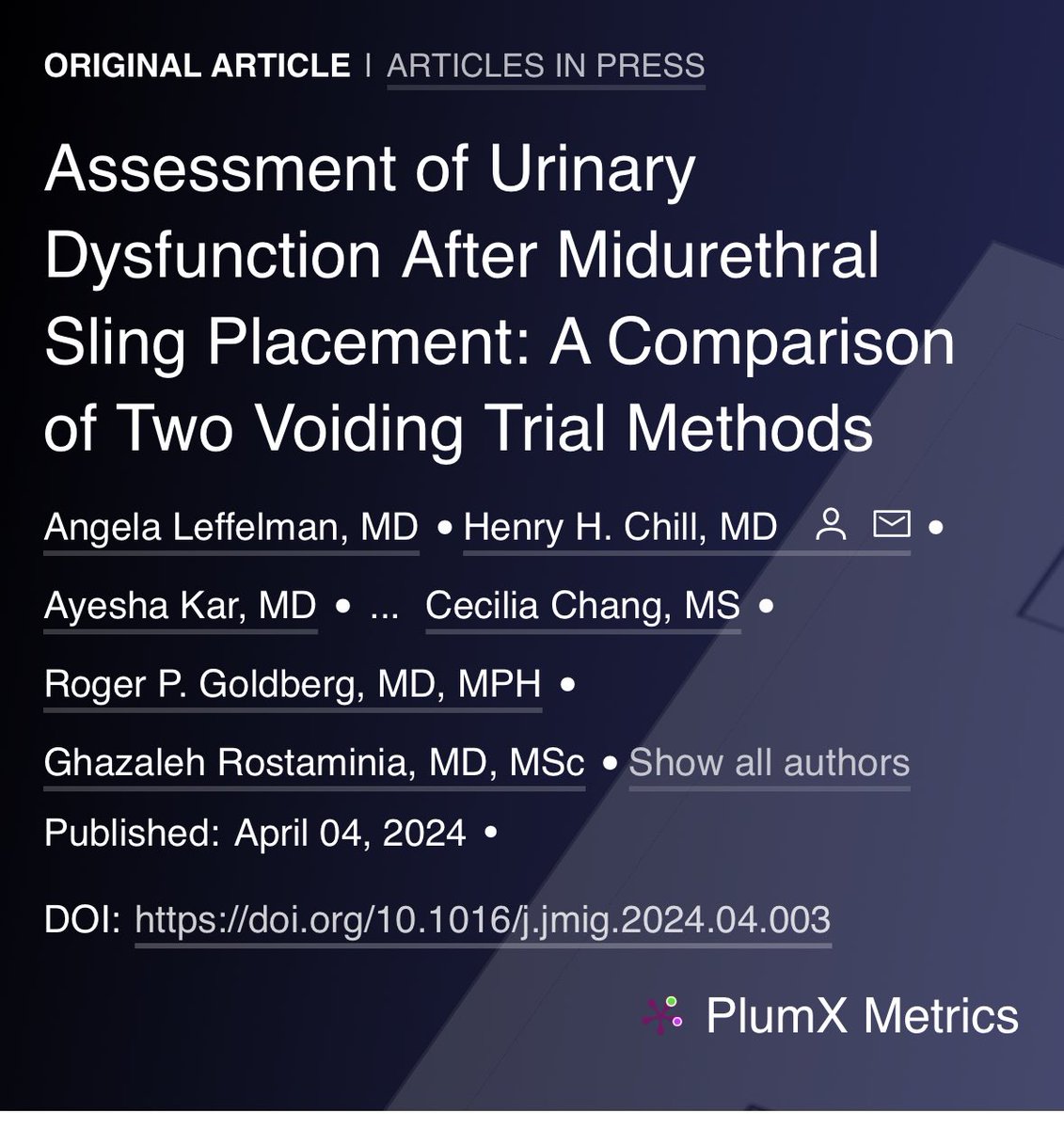 Sarah Weinstein (@s_weinsteinmd) on Twitter photo #FMIGS topic for May is #pelvicfloor disorders. I will be discussing <a href="/AAGLJMIG/">JMIG</a> article “Assessment of Urinary Dysfunction After Midurethral Sling Placement: A Comparison of Two Voiding Trial Methods”
#JMIGjc #Obgyntwitter #urogynecology #FMIGS topic for May is #pelvicfloor disorders. I will be discussing <a href="/AAGLJMIG/">JMIG</a> article “Assessment of Urinary Dysfunction After Midurethral Sling Placement: A Comparison of Two Voiding Trial Methods”
#JMIGjc #Obgyntwitter #urogynecology