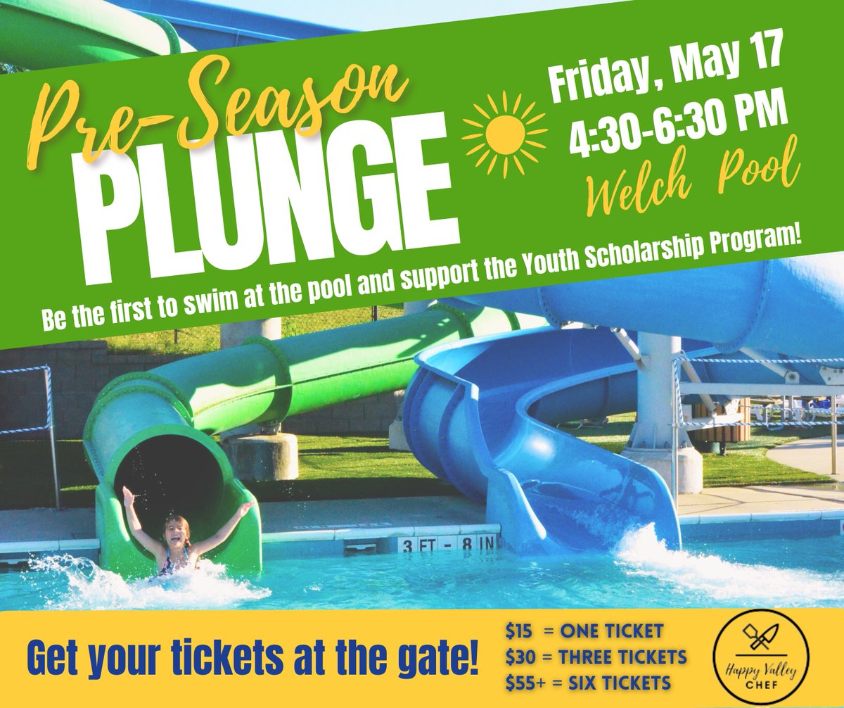 Be the first to swim at the pool this Friday, May 17th! Happy Valley Chef will be on site selling delicious wood-fire pizzas. Entry fees support the Youth Scholarship Program to provide access to recreation opportunities. For more information, visit crpr.org/special-events