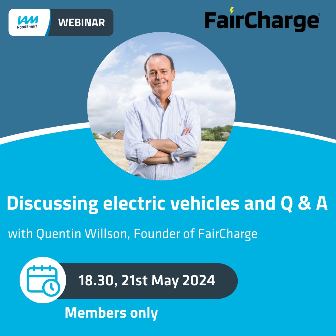 Join Quentin Wilson, founder of FairCharge, who will be discussing a variety of topics around electric vehicles with our Policy and Standards Director, Nicholas Lyes. ⚡ Register through the webinars page on your member dashboard - iamroadsmart.com/my-dashboard/m…