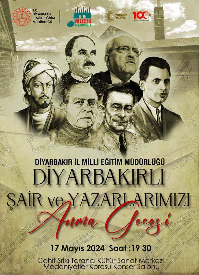 Diyarbakırlı Şair ve Yazarlarımızı Anma Gecesi AR-GE Birimimiz tarafından #MüzikDiyarbakır🎼 projemiz kapsamında düzenlenen 'Diyarbakırlı Şair ve Yazarlarımızı Anma Gecesi' programı ile şehrimizin tanınmış şair ve yazarlarını anıyoruz. 📣Etkinliğimiz halka açık bir şekilde