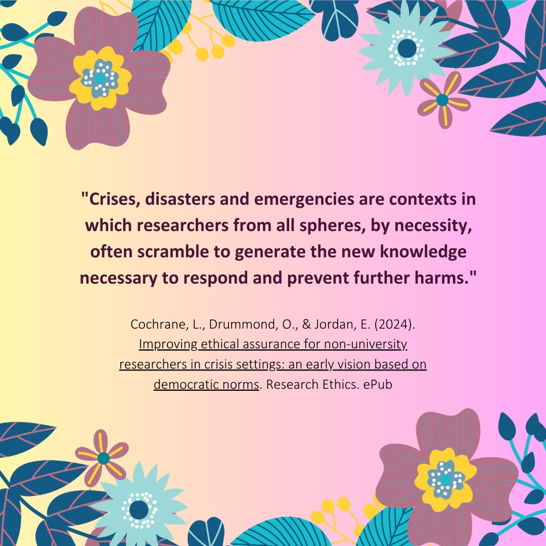 Researchers across all spheres often rush to generate crucial knowledge during crises, but ethical assurance can't take a backseat. This article (journals.sagepub.com/doi/full/10.11…) opens a discussion on this issue & the need for an approach based on equality & inclusivity to address this!