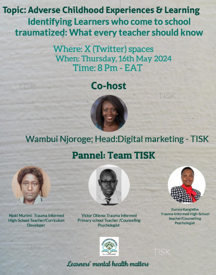 traumasch_kenya's tweet image. Trauma has no identity, many are times it goes unnoticed

But at school trauma in learners manifests conspicuously thro behavior, yet there are many other ways. Which ones are they?

Join TISK team this evening for this and more!

*Plan not to miss
*Welcome all

#ACEsandlearning