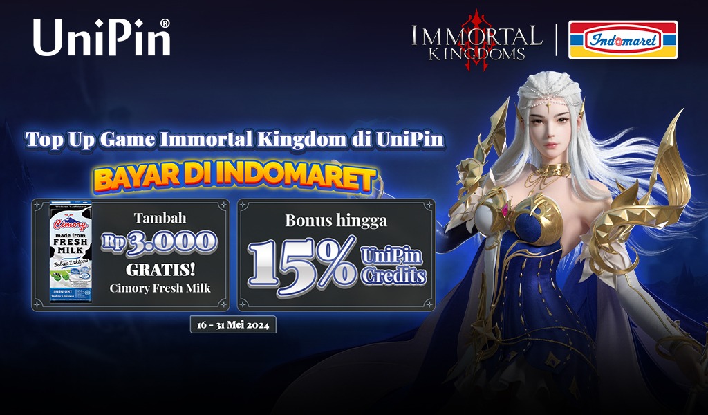 Top up game Immortal Kingdoms di website UniPin dan bayar di Indomaret, dapatkan Cimory Fresh Milk hanya Rp3,000! Dapatkan bonus hingga 15% UniPin Credits setiap top up Immortal Kingdoms kalian selama periode promo berlangsung! Selengkapnya di unipin.com