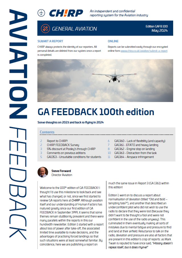 HOT OFF THE PRESS!

CHIRP has published its 100th edition of GA FEEDBACK! 

To read Edition 100, click here - chirp.co.uk/category/aviat…

#AviationSafety #HumanFactors #CHIRP #FlightSafety #SafetyCulture #DirtyDozen