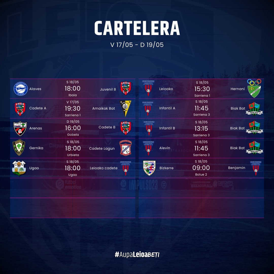 📆 Horarios del fin de semana | Asteburuko hitz orduak 

#AupaLeioaBETI 💙❤️