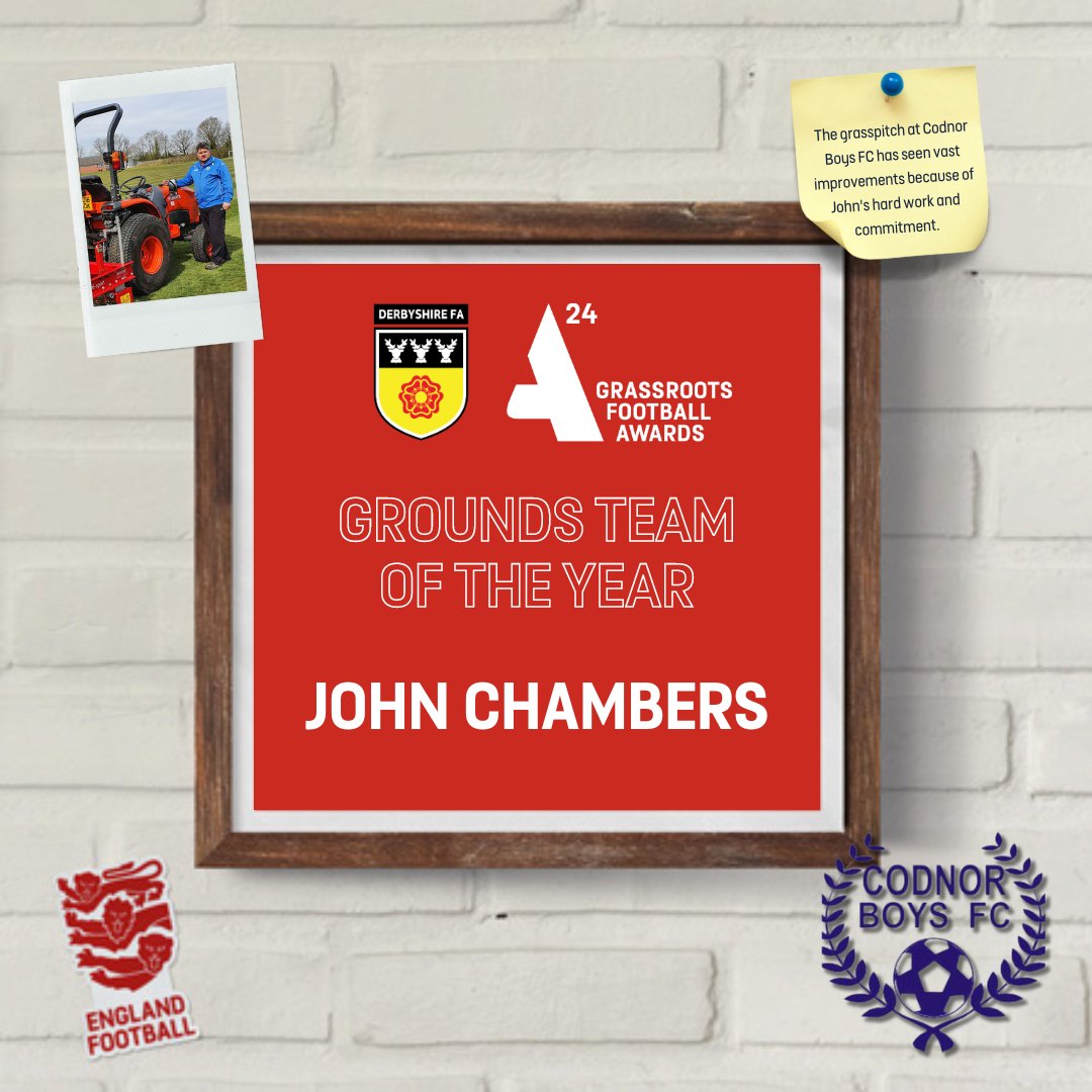 GROUNDS TEAM OF THE YEAR - John Chambers (@CBFC1981) 🏆 John is responsible for the groundskeeping and maintenance at Codnor Sports Club. The grass pitch at the facility is rated 'Advanced' by PitchPower, thanks to John's hard work and commitment to the maintenance. #GRFA24