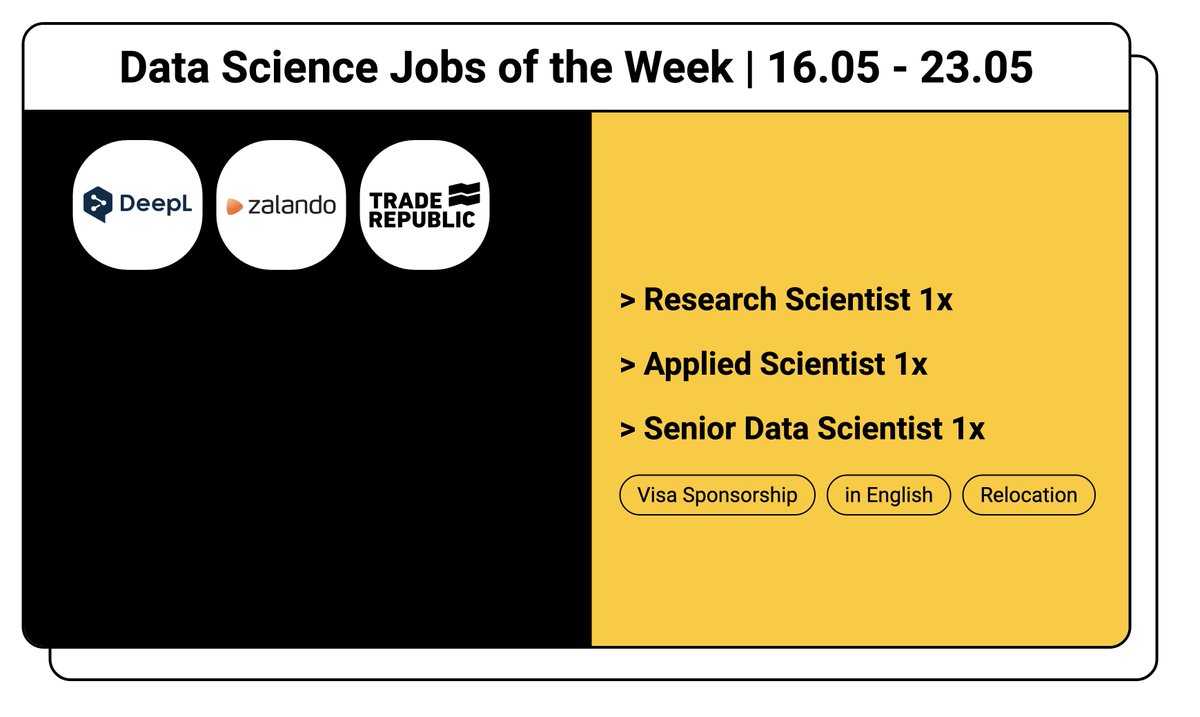 Hey guys👋

This week's 3 hand picked Data Science positions in📍Germany (w/ visa sponsorship):

- @ZalandoTech(e-comm)
- @traderepublic (fintech)
- @DeepLcom (neural translation)

Check and apply: datajob.io/search/data-sc…