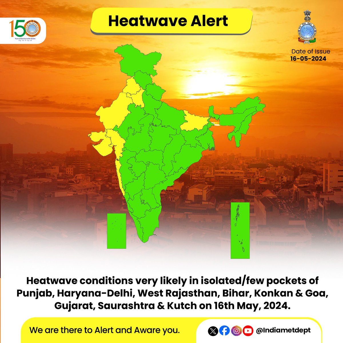 Heatwave conditions very likely in isolated/few pockets of Punjab, Haryana-Delhi, West Rajasthan, Bihar, Konkan & Goa, Gujarat, Saurashtra & Kutch on 16th May, 2024.

#heatwave #heatwavealert #weatherupdate

@moesgoi @DDNewslive @ndmaindia @airnewsalerts