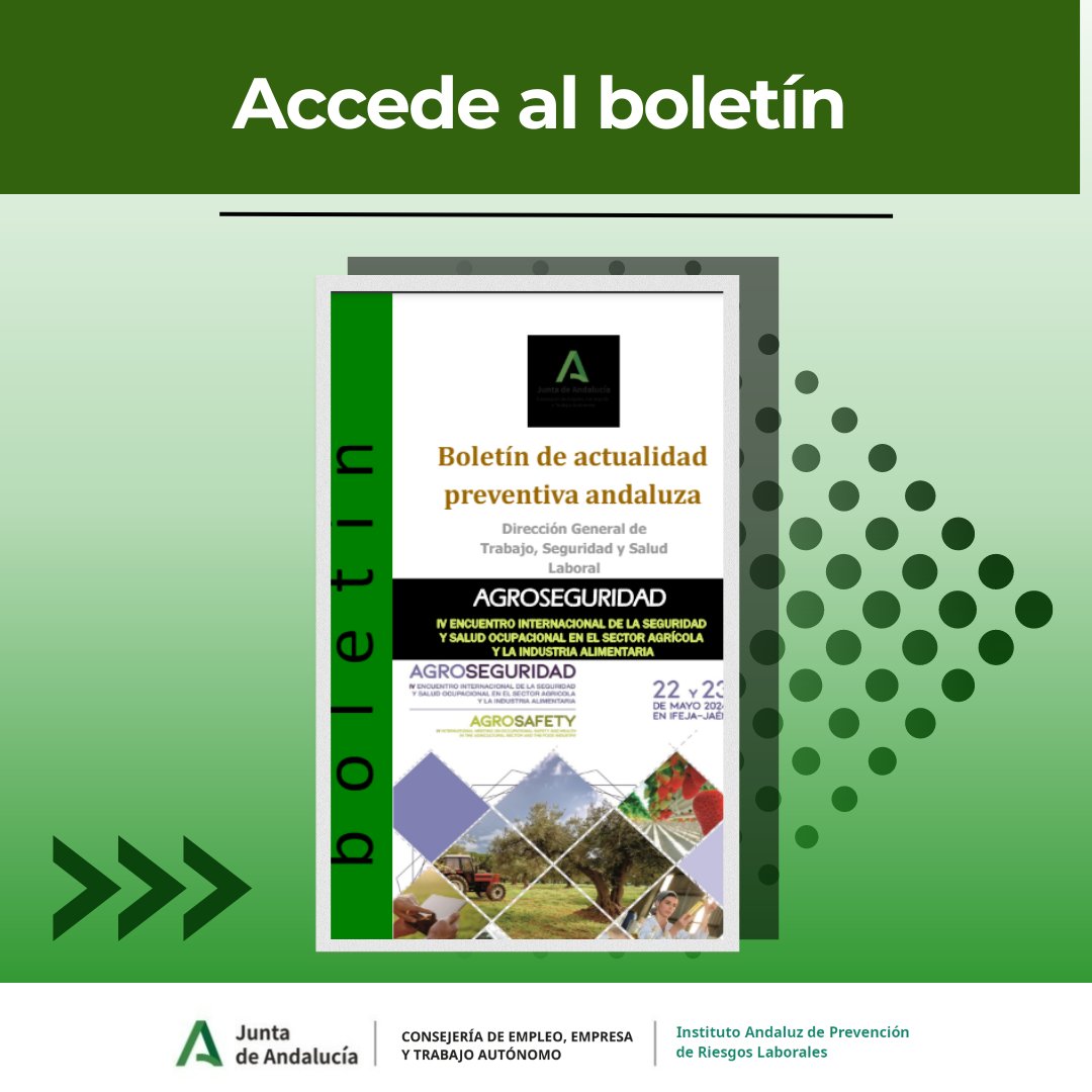 ¡Un saludo a los agricultores/as y profesionales de la salud y seguridad agraria! 👨‍🌾👩‍🌾 Descubre el boletín de Actualidad Preventiva Andaluza sobre AGROSEGURIDAD 🌾🌱. Accede a información clave 👉bit.ly/3JWkQwP #AgriculturaSegura #SaludLaboral #IAPRL