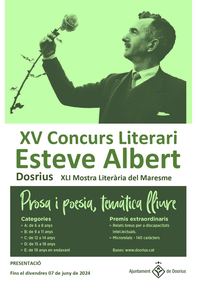 Quinzena edició del Concurs Literari Esteve Albert 📚Lles obres que optin al certamen poden ser de temàtica lliure, en català, i els treballs s’hauran de presentar abans del 7 de juny al consistori 📅 ℹ️ Tota la informació: shorturl.at/iBY14 #Dosrius