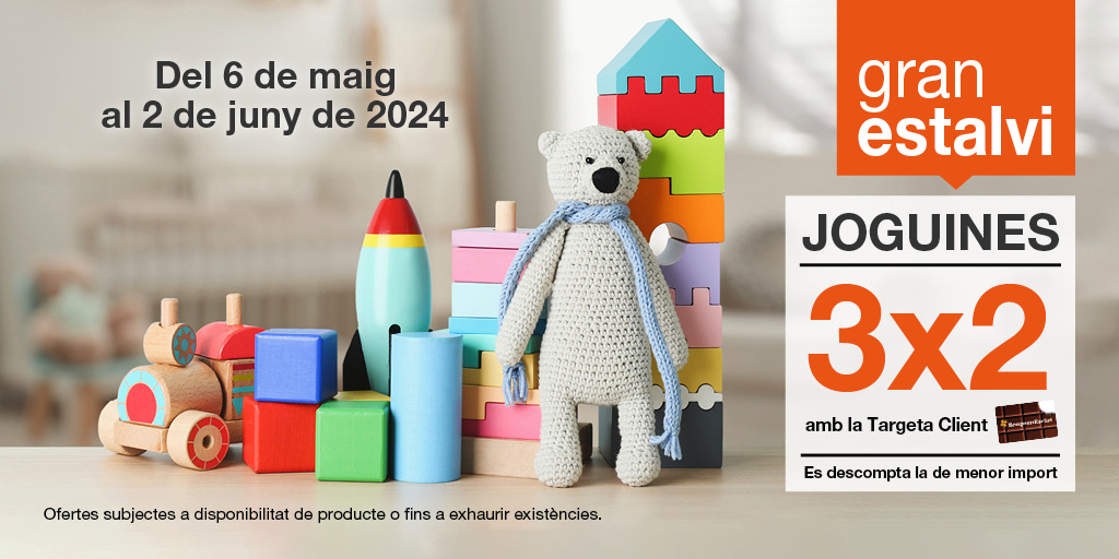 L'estalvi és marca de la casa! 😉 Gaudeix del 3x2 en #joguines fins al 2 de juny amb la Targeta Client als nostres establiments Esclat!👉🏻 bit.ly/44JdI03 #BonpreuEsclat