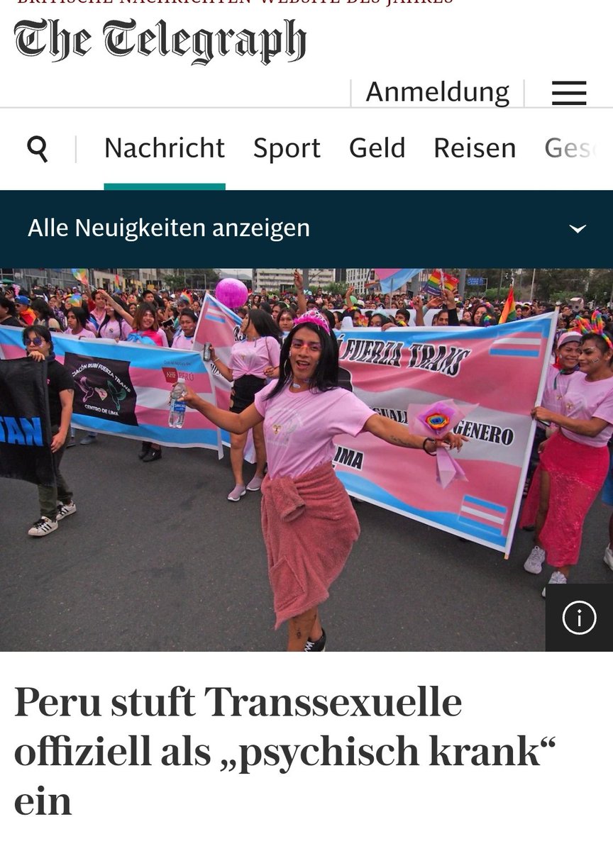 Peru stuft Transsexuelle offiziell als „psychisch krank“ ein.

Ich denke, die #AmpeldesGrauens wird nun die gesamte peruanische Regierung als gesichert rechtsextrem einstufen. 

telegraph.co.uk/world-news/202…