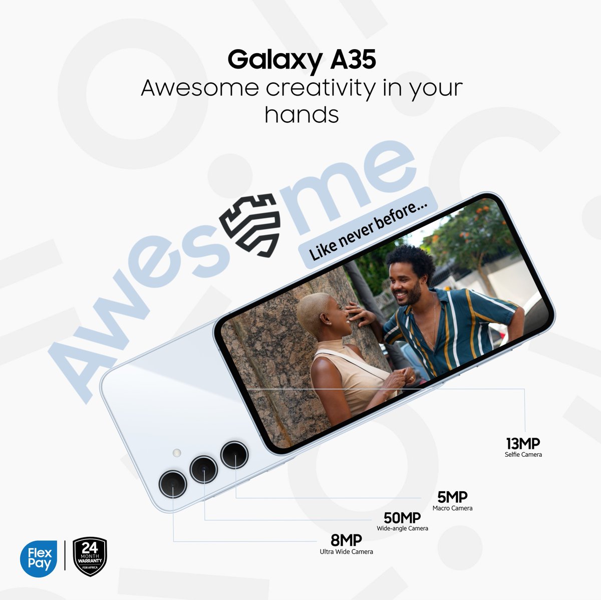 Create awesome cinematic reels with high-resolution cameras, 4-stabilization, and super HDR video on your Galaxy A35...

Every reel is bound to be #AwesomeLikeNeverBefore!

Available at a Samsung authorized store near you.

#GalaxyA35
#SamsungNigeria