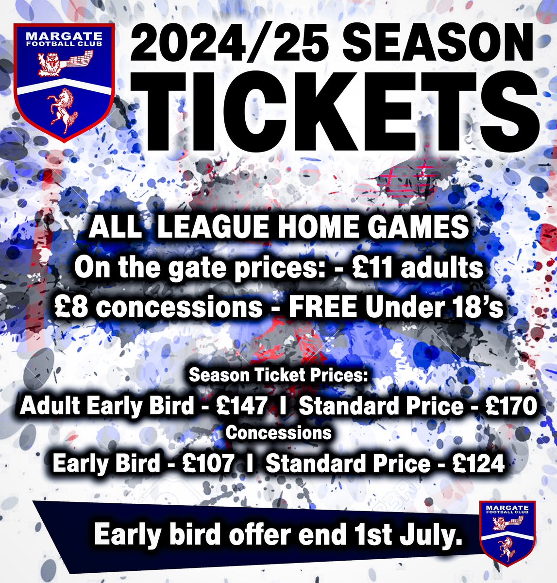 2024/25 SEASON TICKETS 🎟️

🏡 21 LEAGUE HOME GAMES
💨 EARLY BIRD OFFER ‘TIL JULY 1st
🆓 FREE FOR UNDER 18’s

Read all about the new season tickets by clicking the link below 👇
margate-fc.co.uk/news/16-may-20…

#UpTheGate