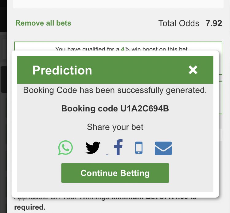 I just placed a bet with Betway. Tap here to copy my bet or search for this booking code in the Multi Bet betslip U1A2C694B betway.co.za/bookabet/U1A2C…