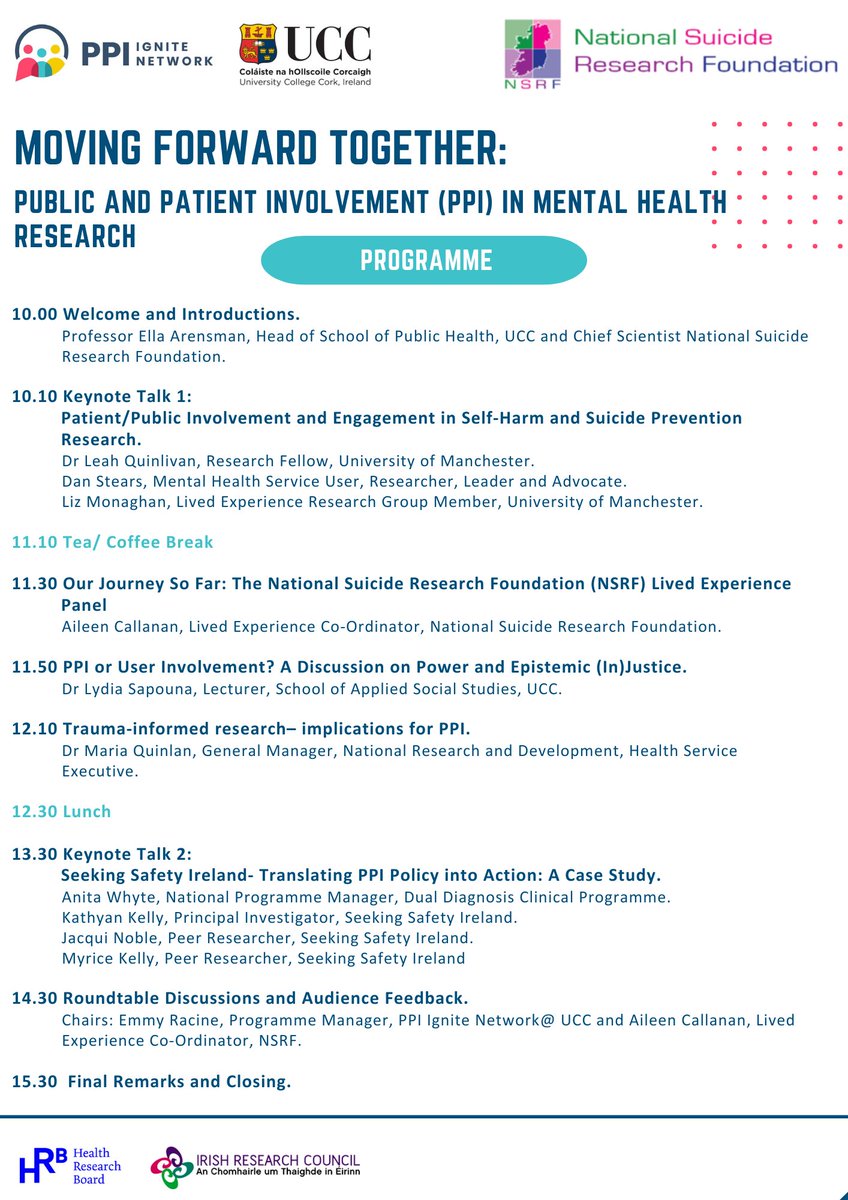 We are pleased to share the programme for our #PPI in Mental Health Research Seminar in @UCC on May 20th in collaboration with @PPI_Ignite_UCC ▶️Keynote lectures by @DrLeahQuinlivan, Seeking Safety Irl & Lived Experience advocates ✒️Limited spaces left: tinyurl.com/4k85uwks