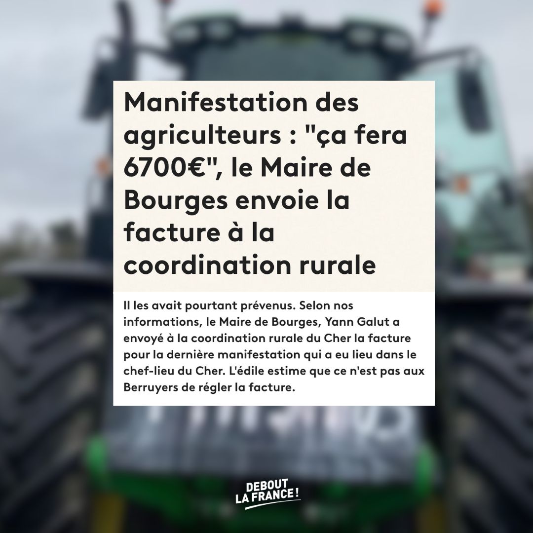 Le Maire de Bourges, Yann GALUT (ex-P.S.) envoie la facture d’une manifestation à la Coordination Rurale @coordinationrur ! Si le gouvernement avait été à l’écoute des agriculteurs et avait pris les bonnes décisions, il n’y aurait pas eu de manifestations. Plutôt que s’attaquer