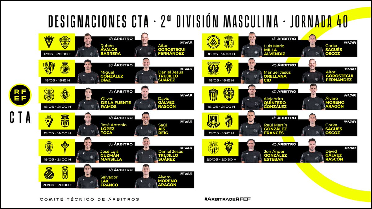 ⚖️ ÁRBITROS | Estos son los colegiados designados para la jornada 4⃣0⃣ en la Temporada 2023/24 de 𝐒𝐞𝐠𝐮𝐧𝐝𝐚 División. 🟨🟥 Designaciones completas: rfef.es/es/noticias/of… #ArbitrajeRFEF | @CTARFEF