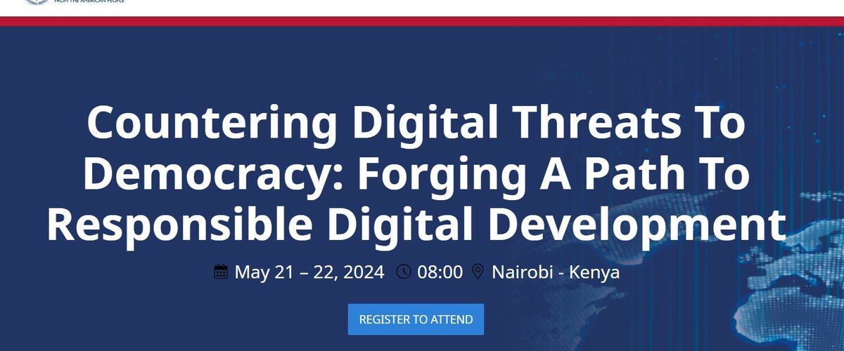 🌍 We're delighted to join @USAID and partners across sub-Saharan Africa next week for a convening in Nairobi under the theme: 'Countering Digital Threats To Democracy: Forging A Path To Responsible Digital Development'. 📅 21- 22 May, 2024 Register 👉 events.pneumaav.com/USAID