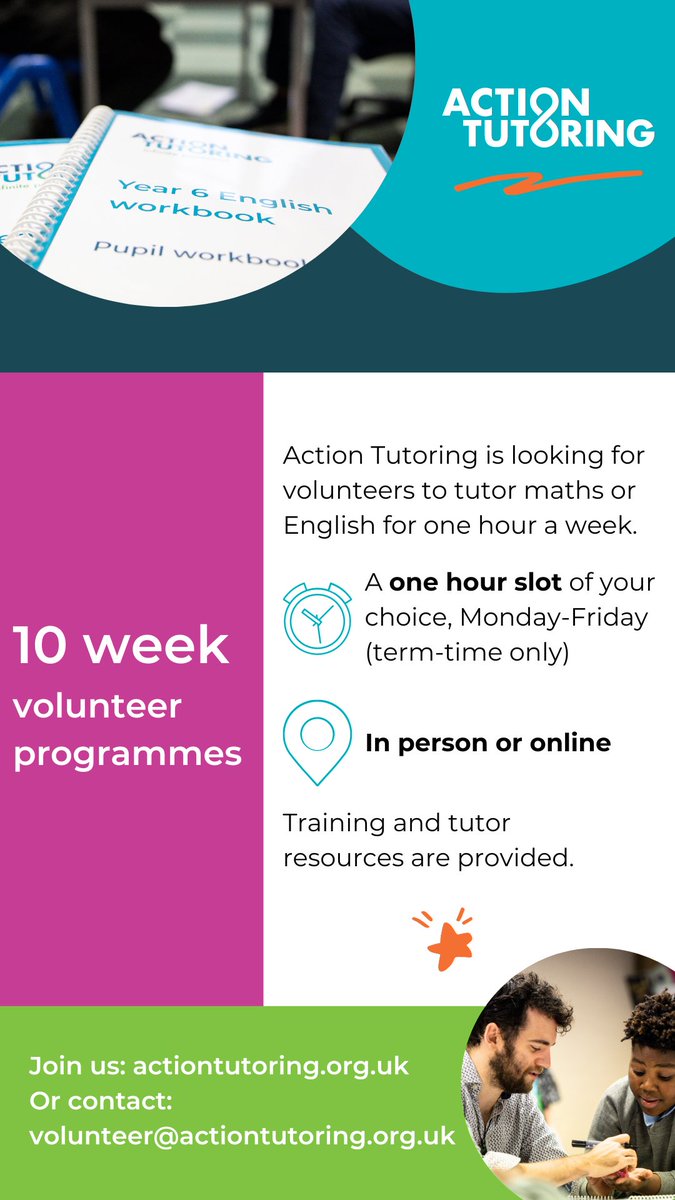 📚Volunteer as a tutor with @ActionTutoring - The Big Help Out. Could you support pupils from low-income backgrounds in English or maths? Got an hour a week to spare? Find out more! shorturl.at/ajmI2