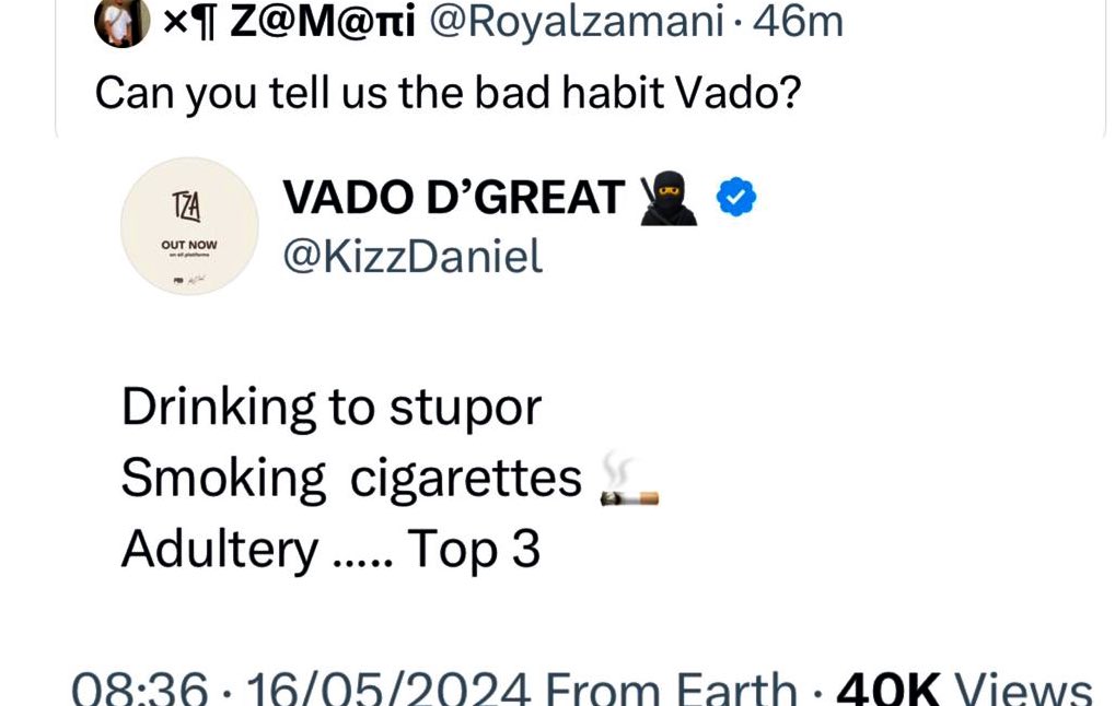 Kizz Daniel has revealed his top three bad habits.