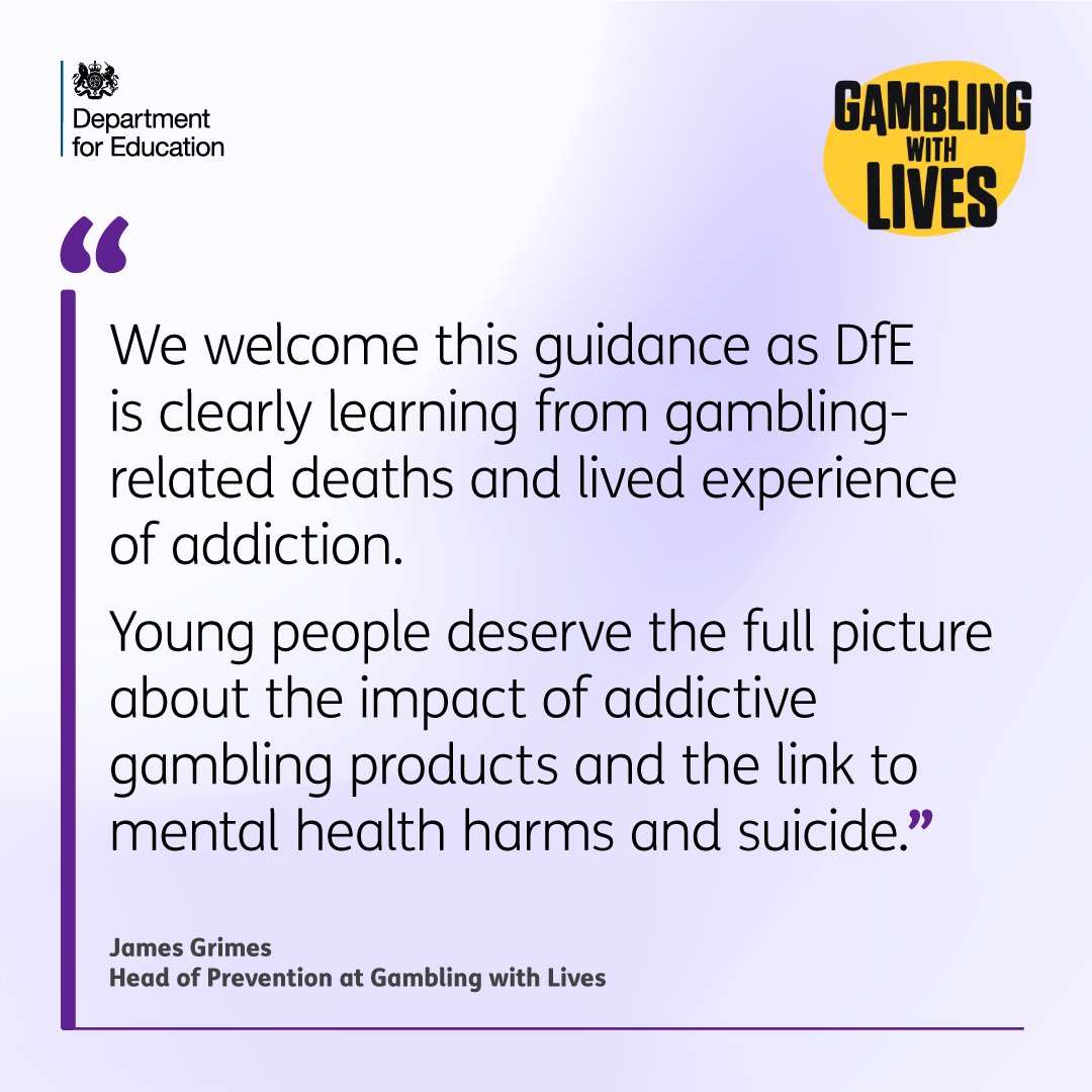 We welcome the @educationgovuk new guidance for schools which now includes increased focus on the risks of gambling and the impact on health & wellbeing. Education alone will not prevent these risks or harms but it is important and this is significant progress.