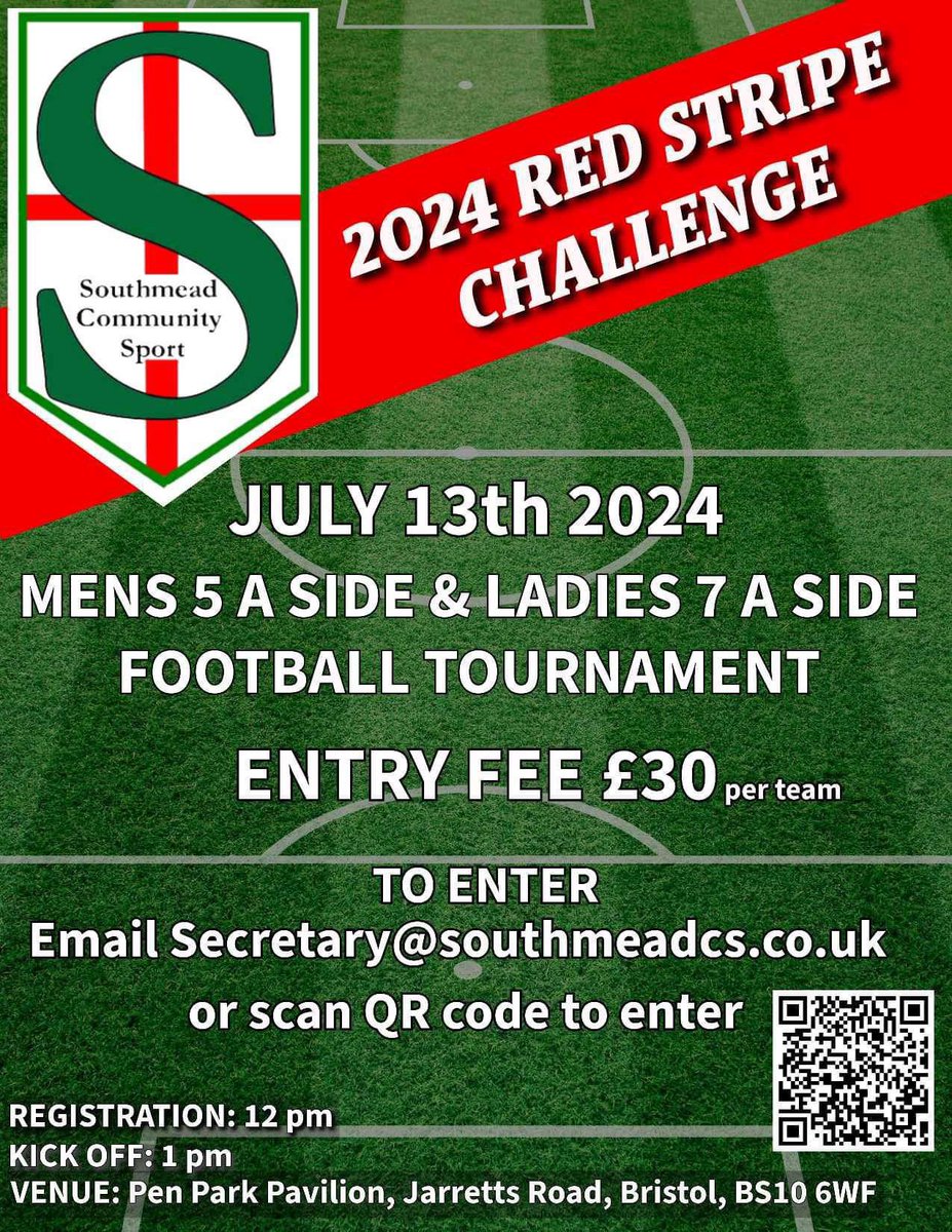 Here we go…. red stripe challenge… Enter your team early to make sure you get a spot👏🏻👏🏻 eu.jotform.com/build/24134329… Please share around👏🏻💚 UTM🟢⚪️ Southmead Community Sports