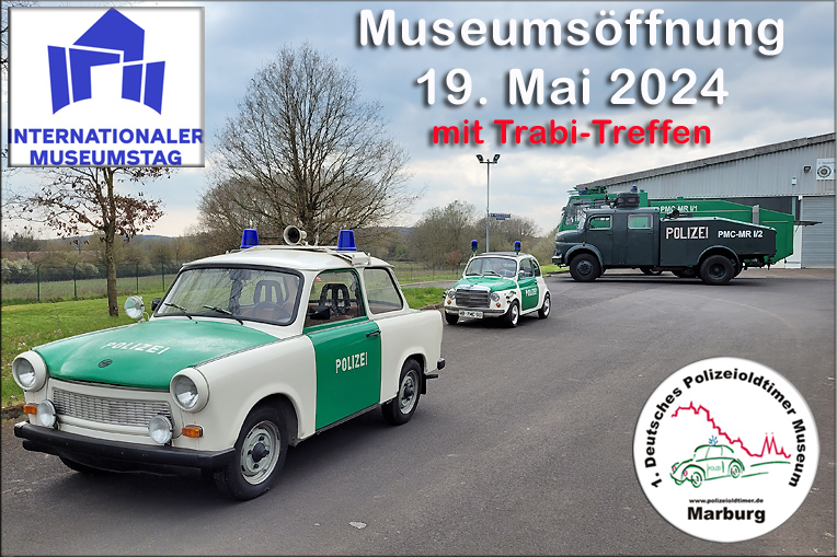 Am So, 19. Mai, öffnet das @Polizeioldtimer Museum Marburg zum Int. @Museumstag #MuseenEntdecken mit besonderen Aktionen. Neben einem gläsernen Benz & einem Trabi-Treffen🚓 kommt ein #Trabi-Kübelwagen neu hinzu, früher an der DDR-Grenze im Einsatz 📷, mehr polizeioldtimer.de/events/zweite-…