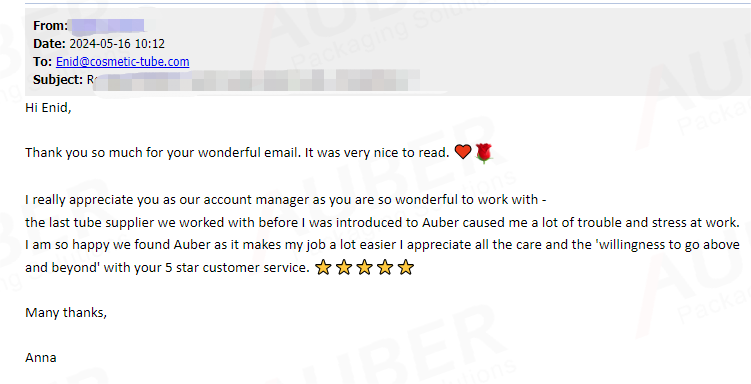 🌟 5 stars service! Thank you Anna for these lovely words! 💋
All our jobs are valuable, like providing the high quality 
tubes, professional service and workable & thoughtful packaging solutions. ✨ 
auberpackaging.com/testimonials.h…
info@cosmetic-tube.com

#happyclient #Auberpackaging